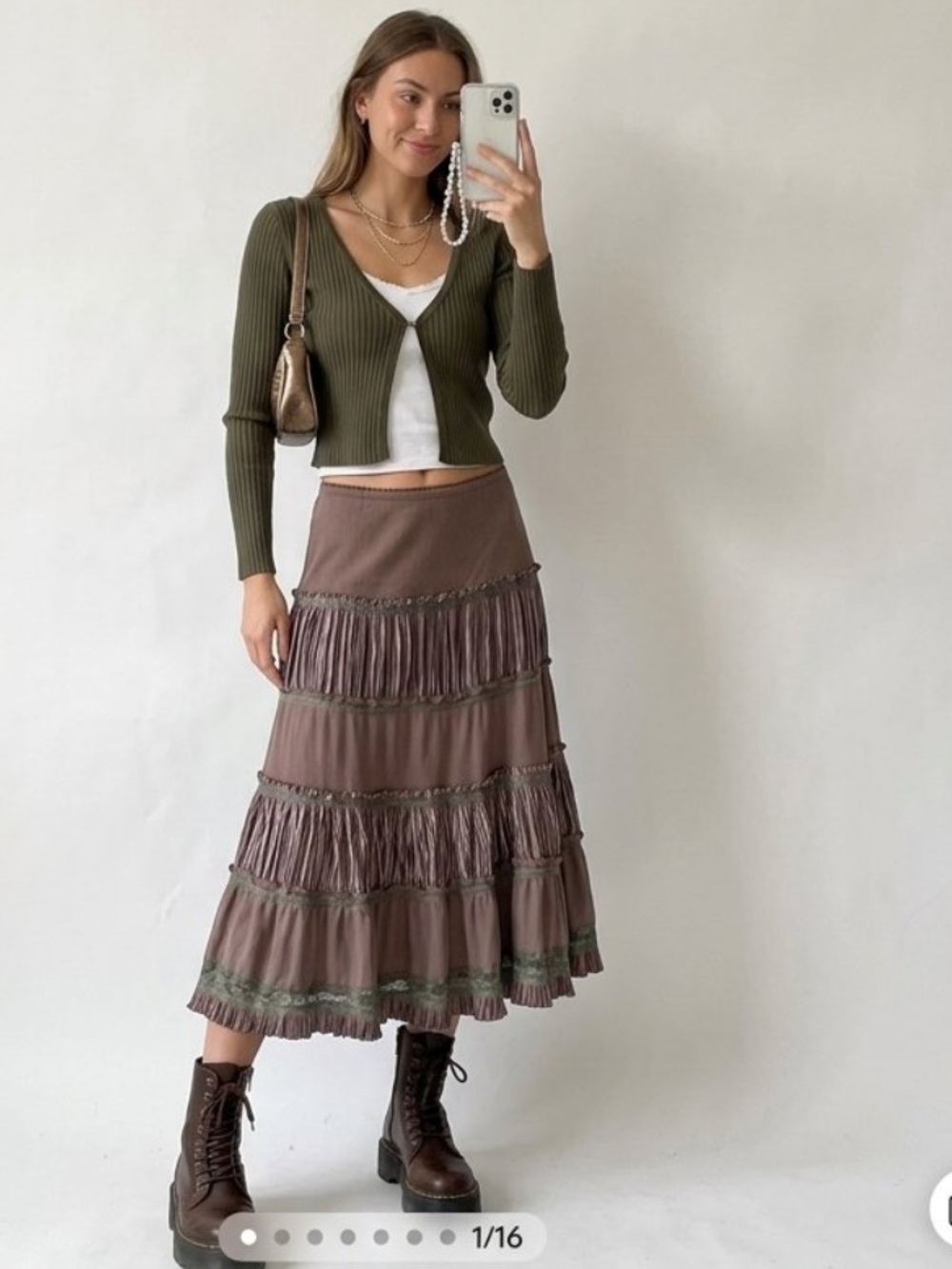 Temptation Italy Brown Ribbed Knit Pleated Satin Tiered Lace Midi Skirt Y2K
